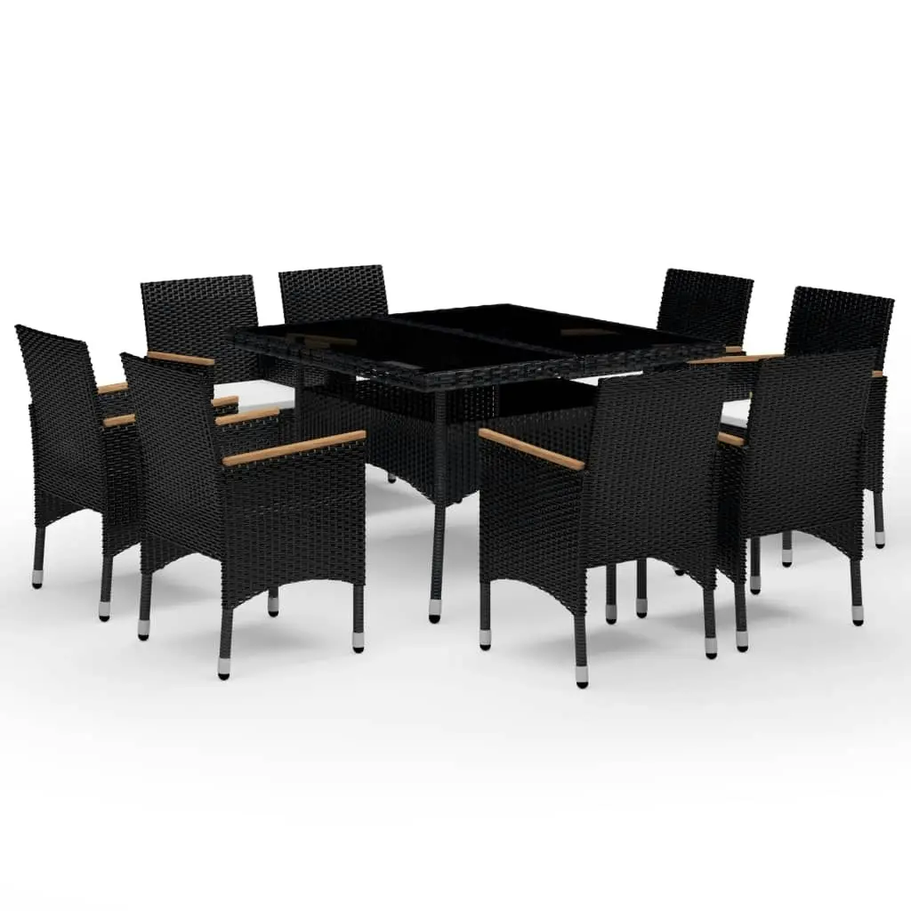 9 Piece Garden Dining Set Poly Rattan and Acacia Wood Black 3058344