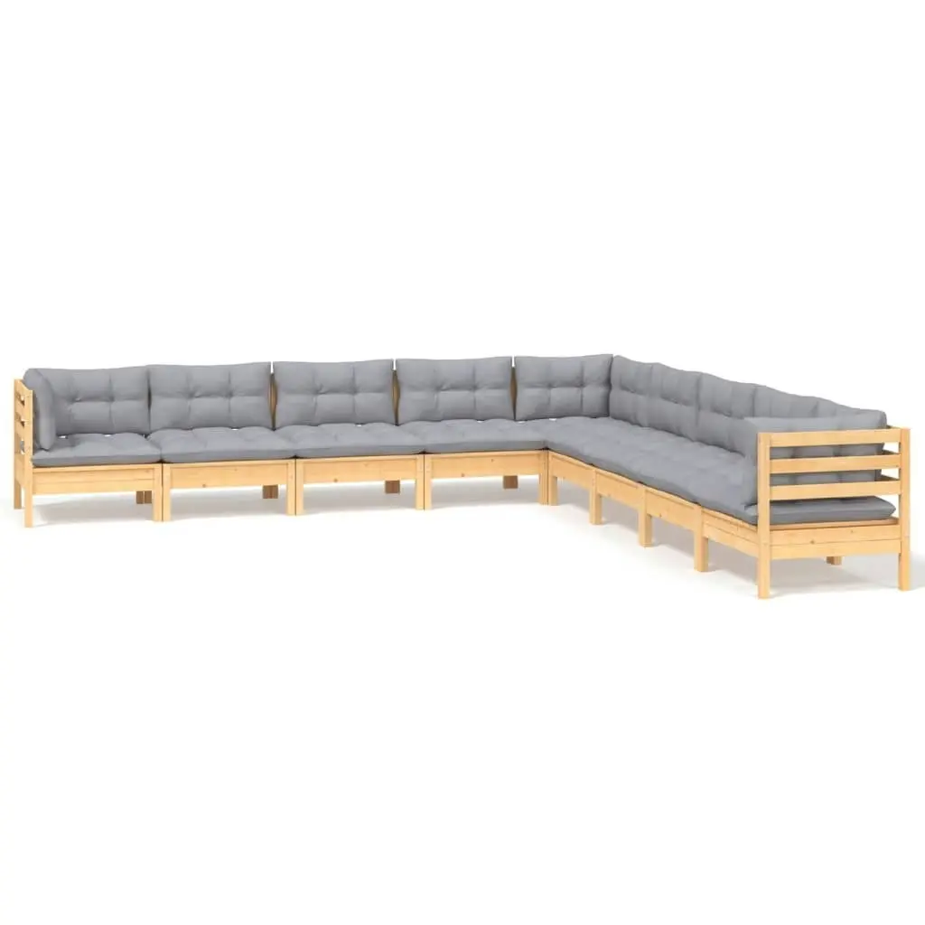 9 Piece Garden Lounge Set with Grey Cushions Solid Pinewood 3096814