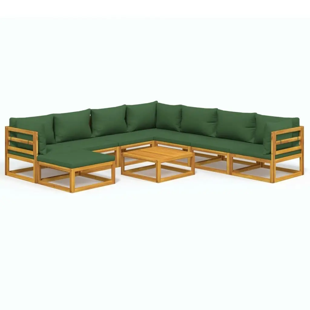 9 Piece Garden Lounge Set with Green Cushions Solid Wood 3155327