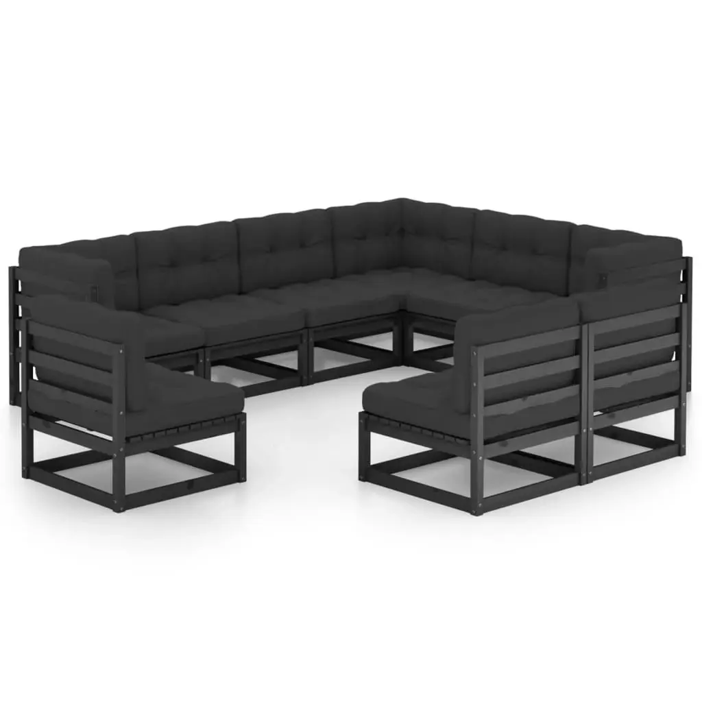 9 Piece Garden Lounge Set with Cushions Black Solid Pinewood 3076838