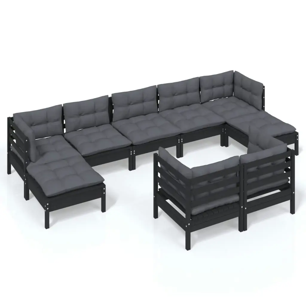 9 Piece Garden Lounge Set with Cushions Black Solid Pinewood 3097131