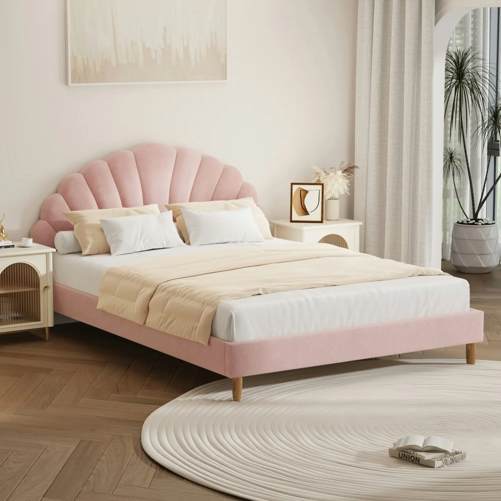 Oikiture Bed Frame Double Size Scallop-Shape Bedhead Pink Velvet