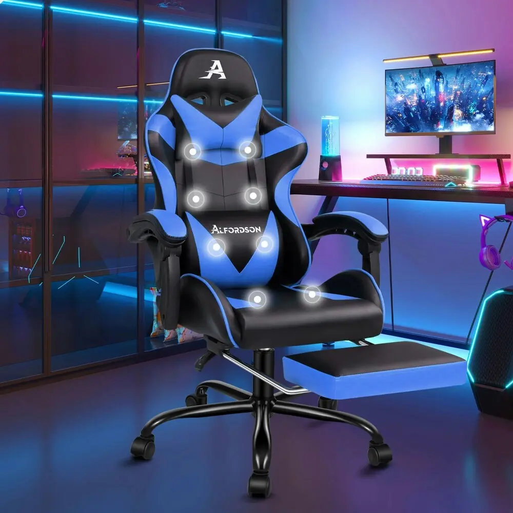 Alfordson Gaming Chair Office Massage Computer Racing Seat PU Leather Blue