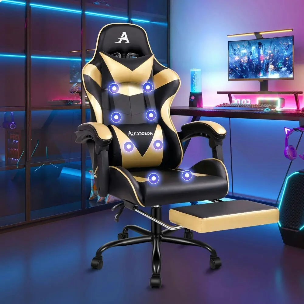 Alfordson Gaming Chair Office Massage Computer Racing Seat PU Leather Gold