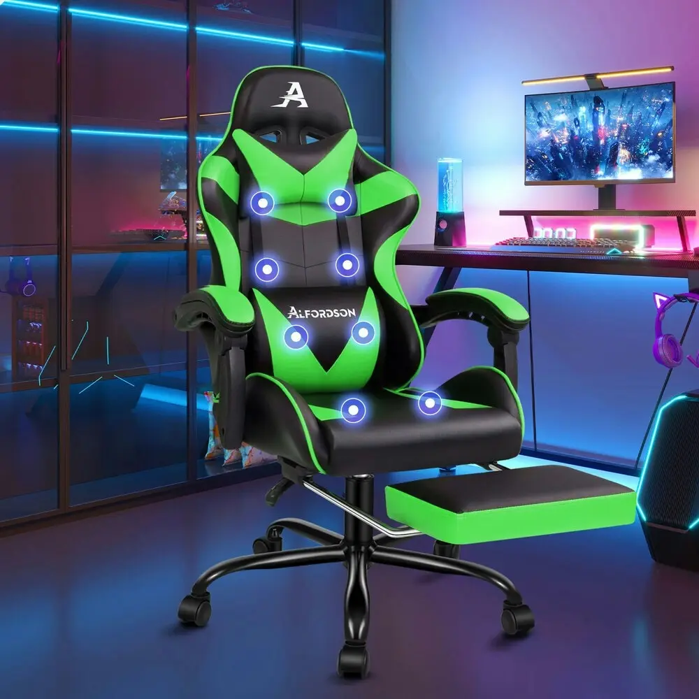 Alfordson Gaming Chair Office Massage Computer Racing Seat PU Leather Green