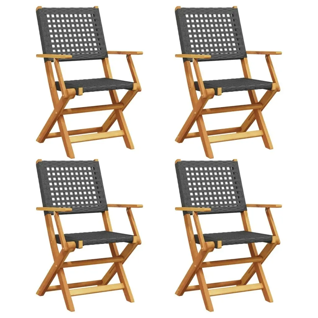 Folding Garden Chairs 4 pcs Black Poly Rattan and Solid Wood 3214556