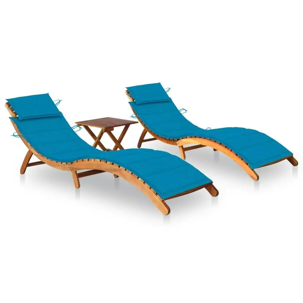 Sun Loungers 2 pcs with Table and Cushions Solid Wood Acacia 3077380