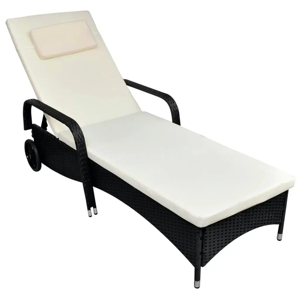 Sun Lounger with Cushion & Wheels Poly Rattan Black 42475