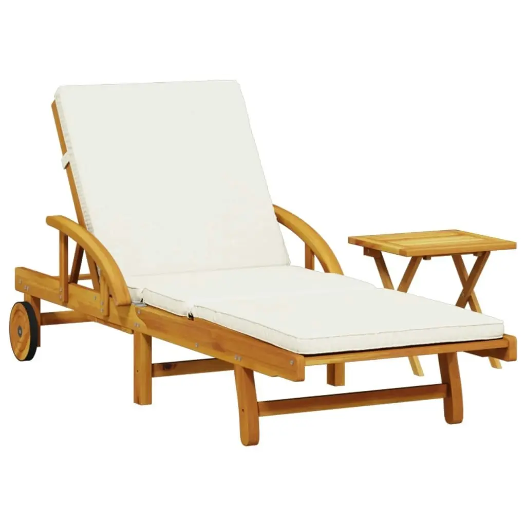 Sun Lounger with Cushion and Table Solid Wood Acacia 3206362