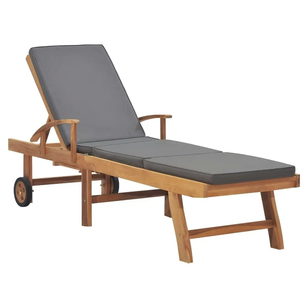 Sun Lounger with Cushion Solid Teak Wood Dark Grey 48023