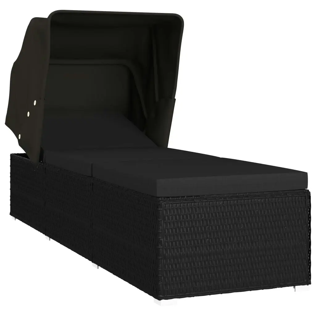 Sun Lounger with Canopy and Cushion Poly Rattan Black 46249