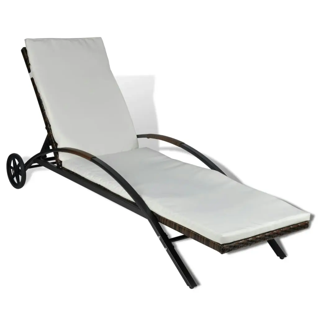 Sun Lounger with Cushion & Wheels Poly Rattan Brown 42488