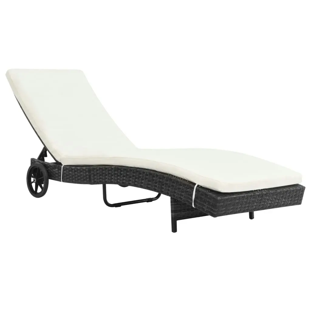 Sun Lounger with Wheels and Cushion Poly Rattan Black 44454