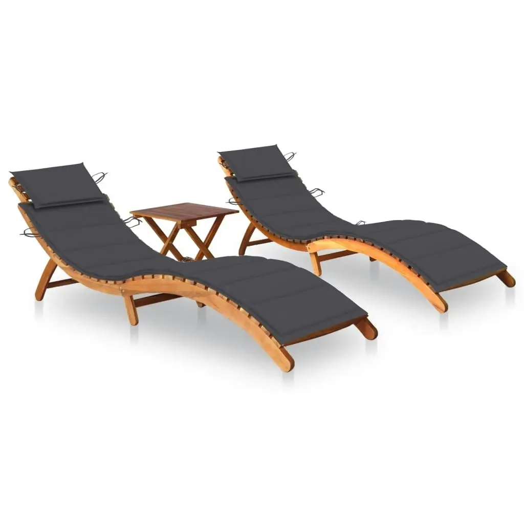 Sun Loungers 2 pcs with Table and Cushions Solid Wood Acacia 3077376