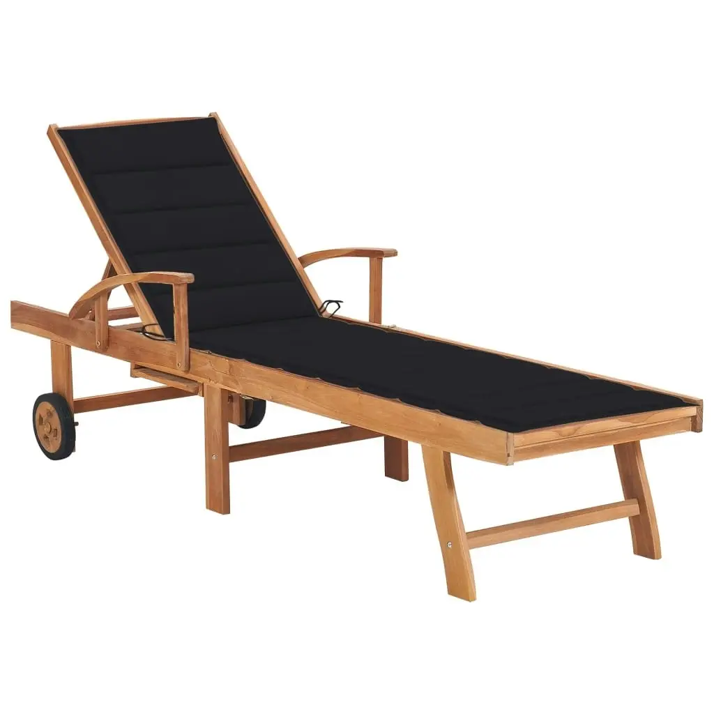 Sun Lounger with Black Cushion Solid Teak Wood 3063013