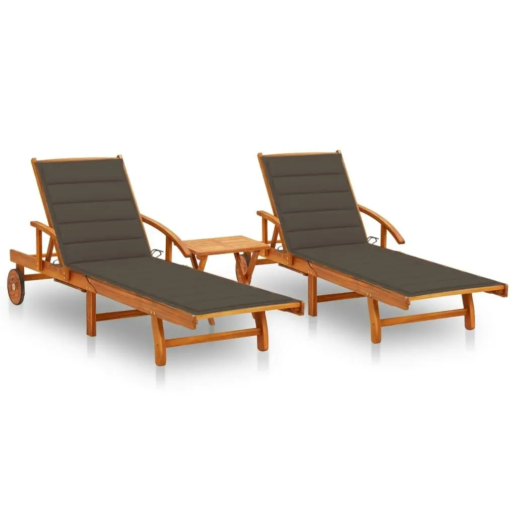 Sun Loungers 2 pcs with Table and Cushions Solid Acacia Wood 3077353