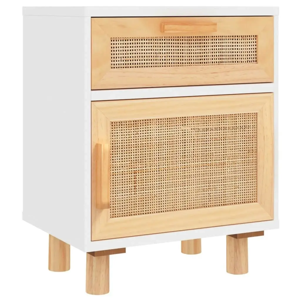 Bedside Cabinet White Solid Wood Pine and Natural Rattan 345606