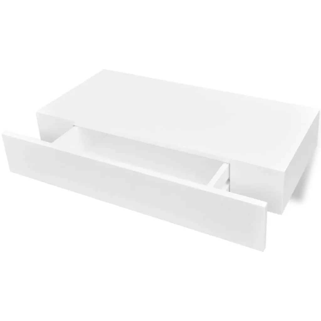 White MDF Floating Wall Display Shelf 1 Drawer Book/DVD Storage 242187