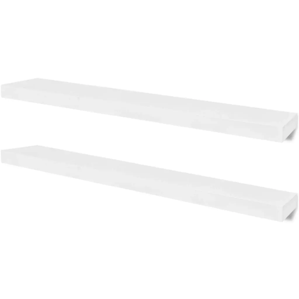 2 White MDF Floating Wall Display Shelves Book/DVD Storage 242185