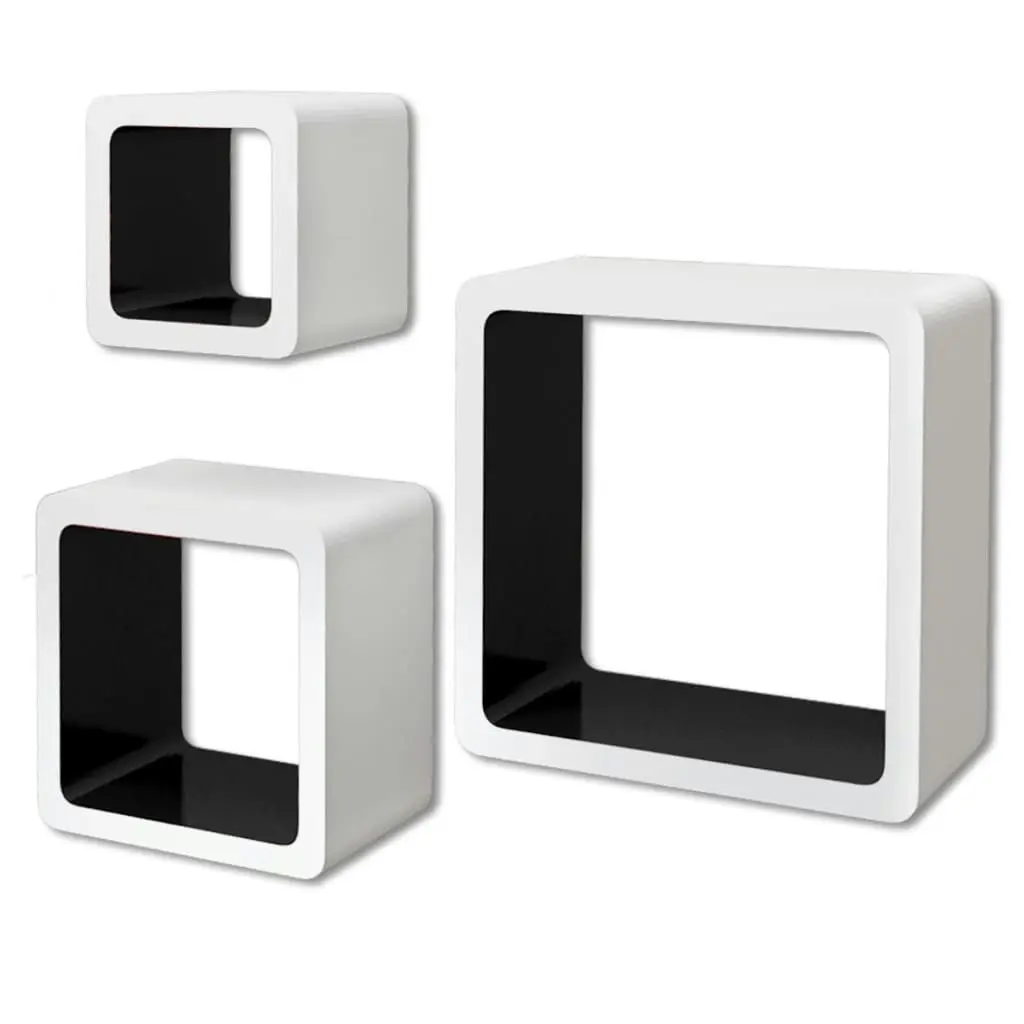 3 White-black MDF Floating Wall Display Shelf Cubes Book/DVD Storage 242169