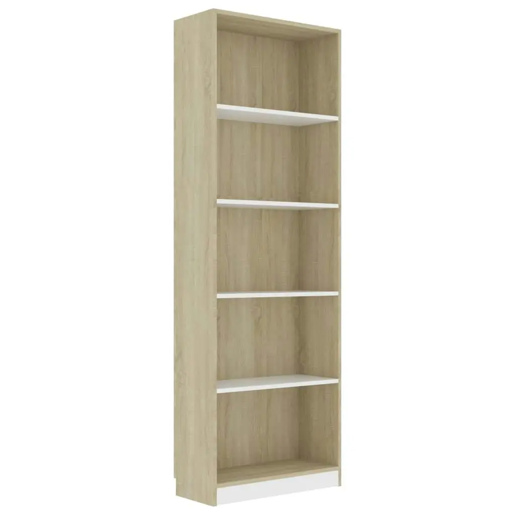 5-Tier Book Cabinet White and Sonoma Oak 60x24x175 cm Engineered Wood 800887