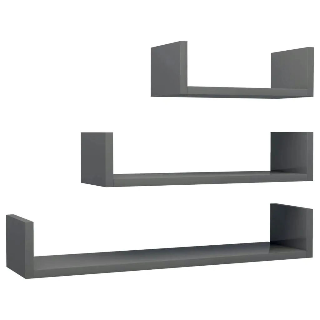 Wall Display Shelf 3 pcs High Gloss Grey Engineered Wood 800206