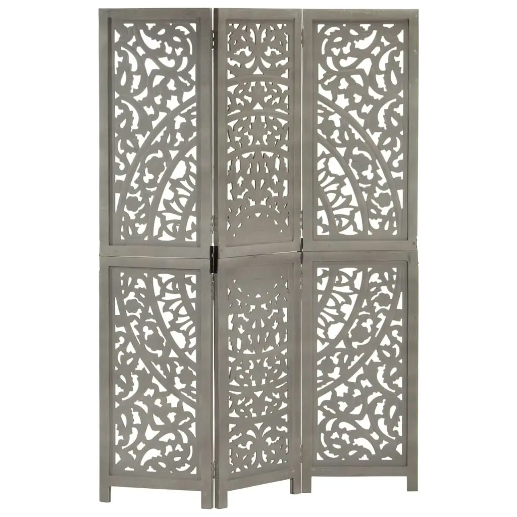 Hand carved 3-Panel Room Divider Grey 120x165 cm Solid Mango Wood 285337