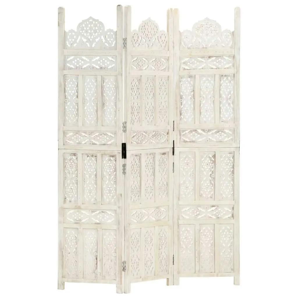 Hand carved 3-Panel Room Divider White 120x165 cm Solid Mango Wood 285318