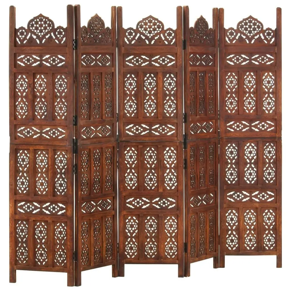 Hand carved 5-Panel Room Divider Brown 200x165 cm Solid Mango Wood 285326