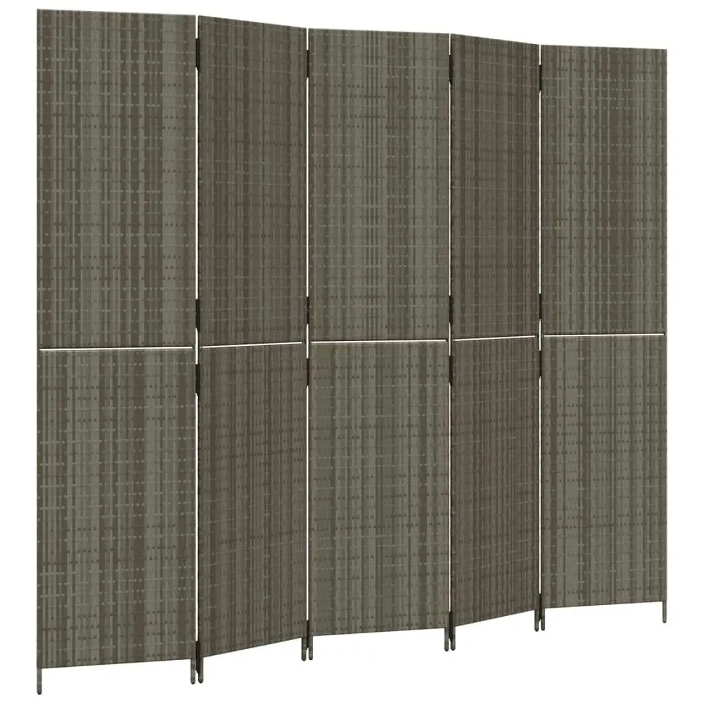 Room Divider 5 Panels Grey Poly Rattan 365366