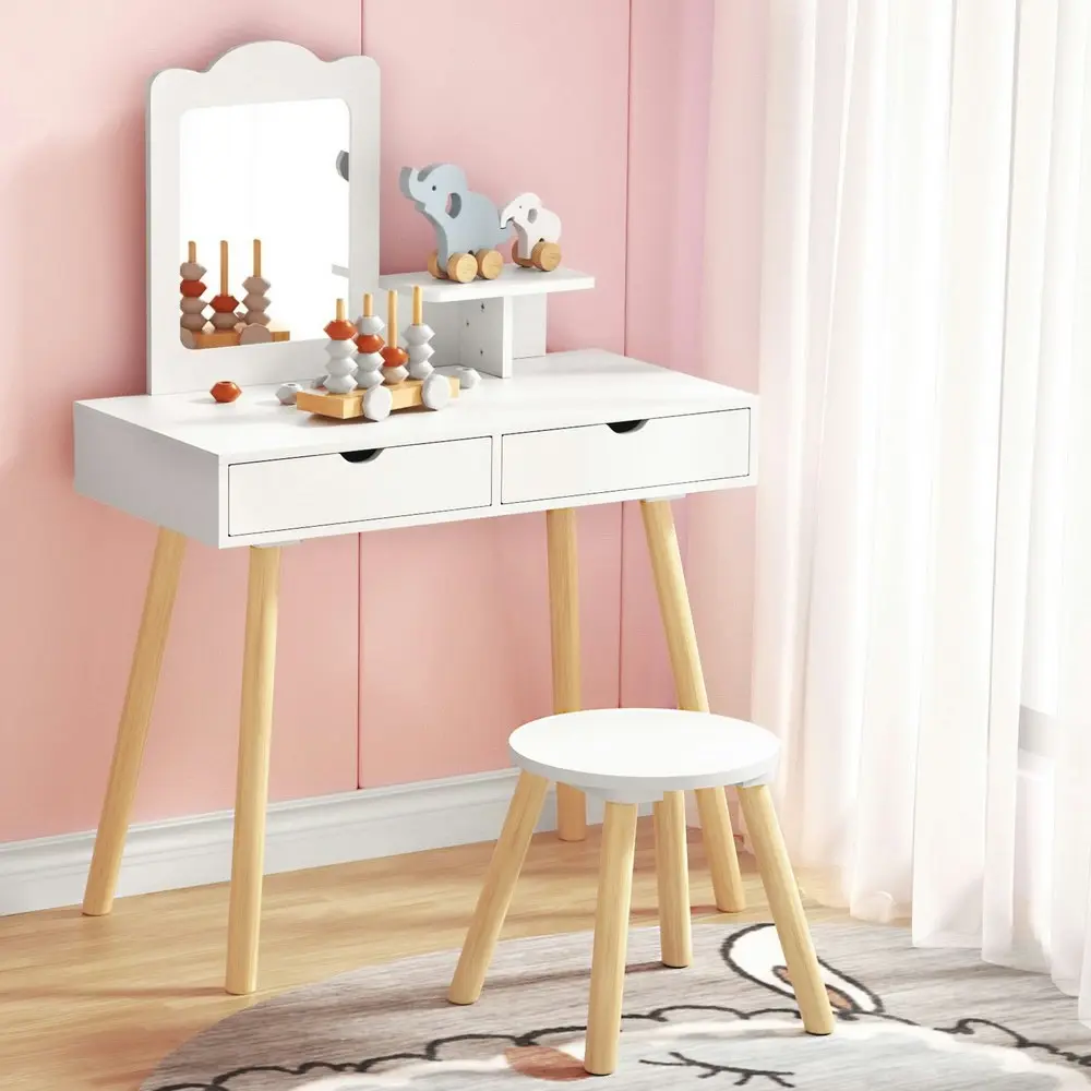 Keezi Kids Dressing Table Vanity Makeup Chair Set with Mirror Drawers Wooden Legs