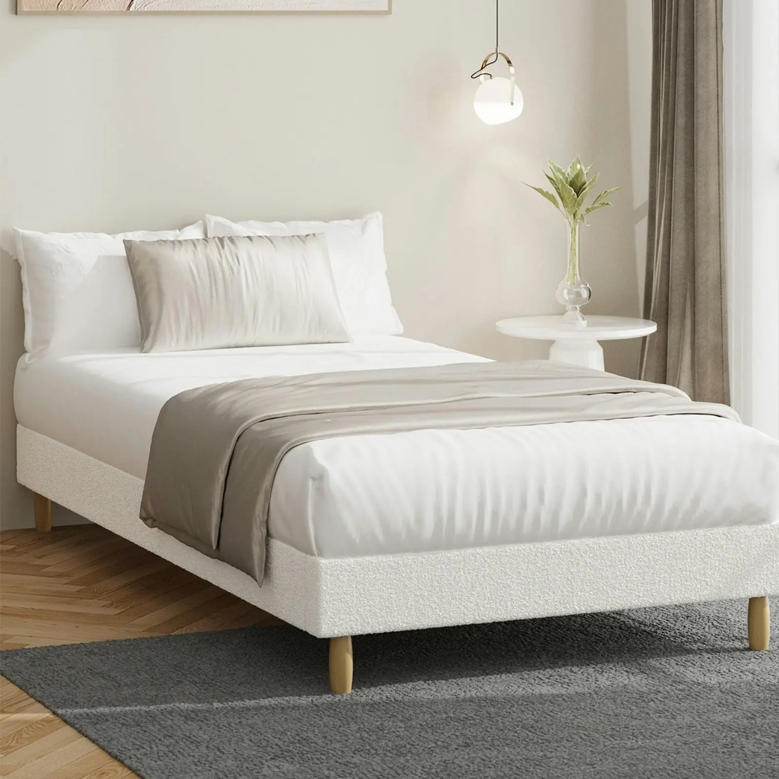 Oikiture Bed Frame King Single Size Bed Base White Boucle COMO