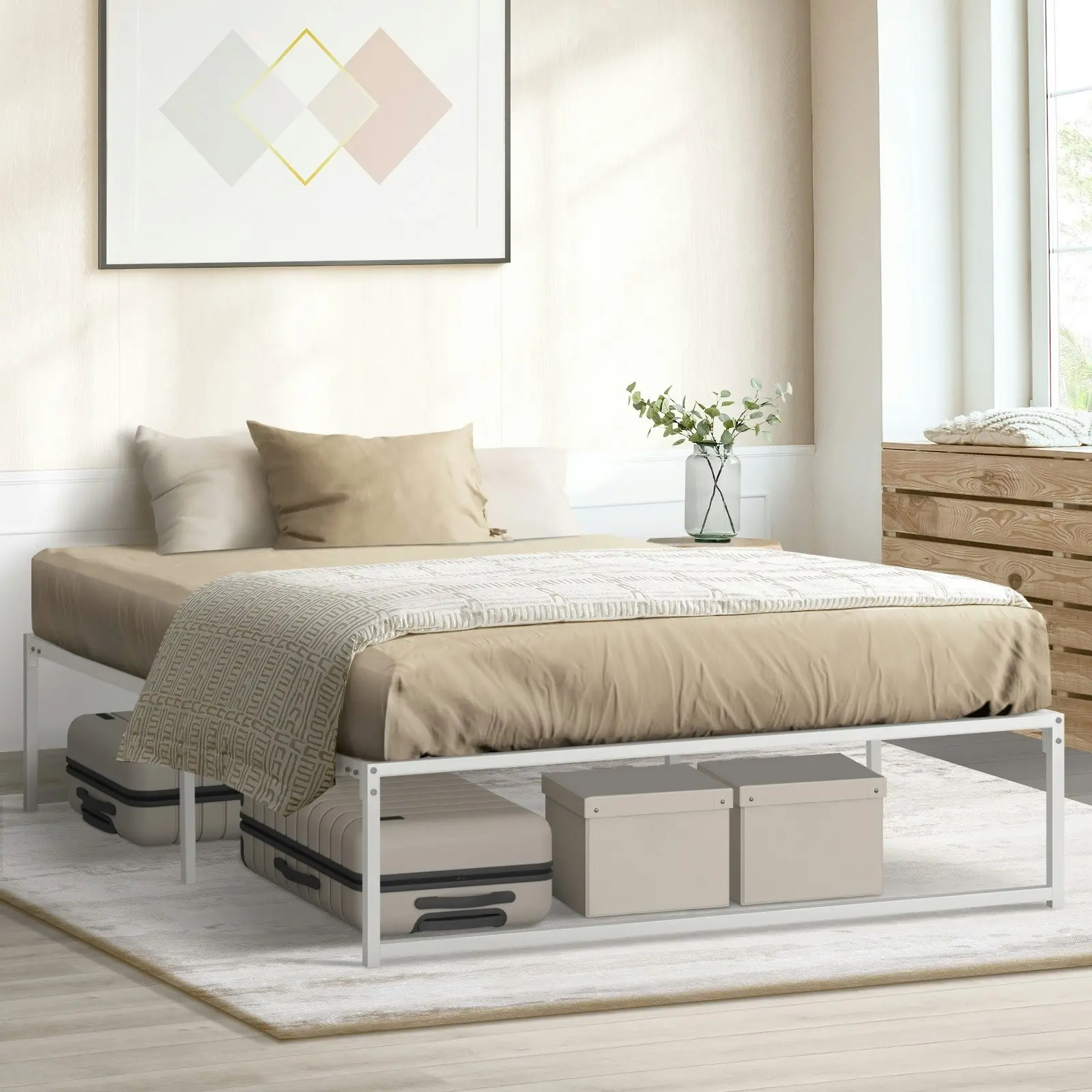 Oikiture Metal Bed Frame KIng Size Beds Base Platform White