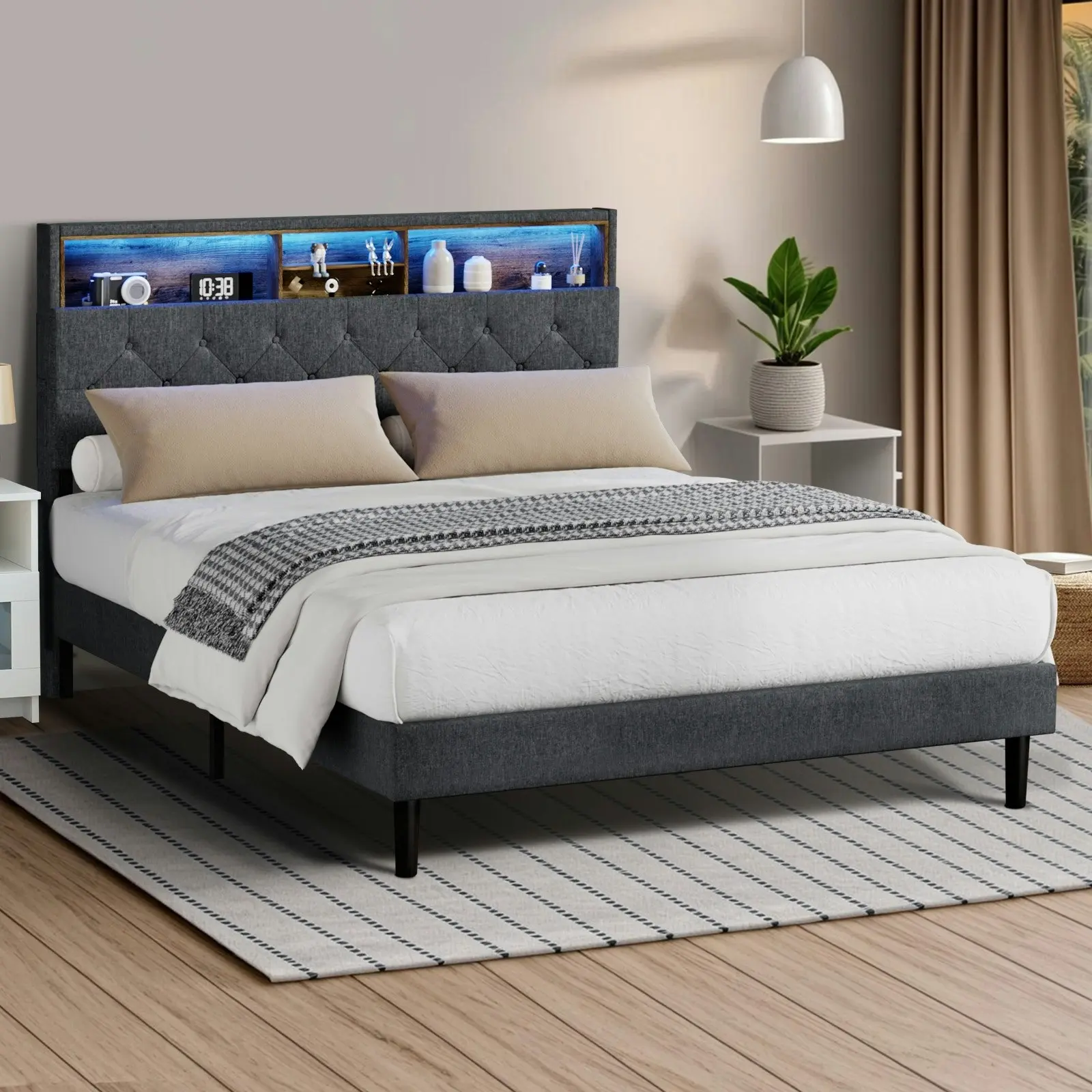 Oikiture Bed Frame Queen Size Beds Base with LED Storage Bedhead NOVI