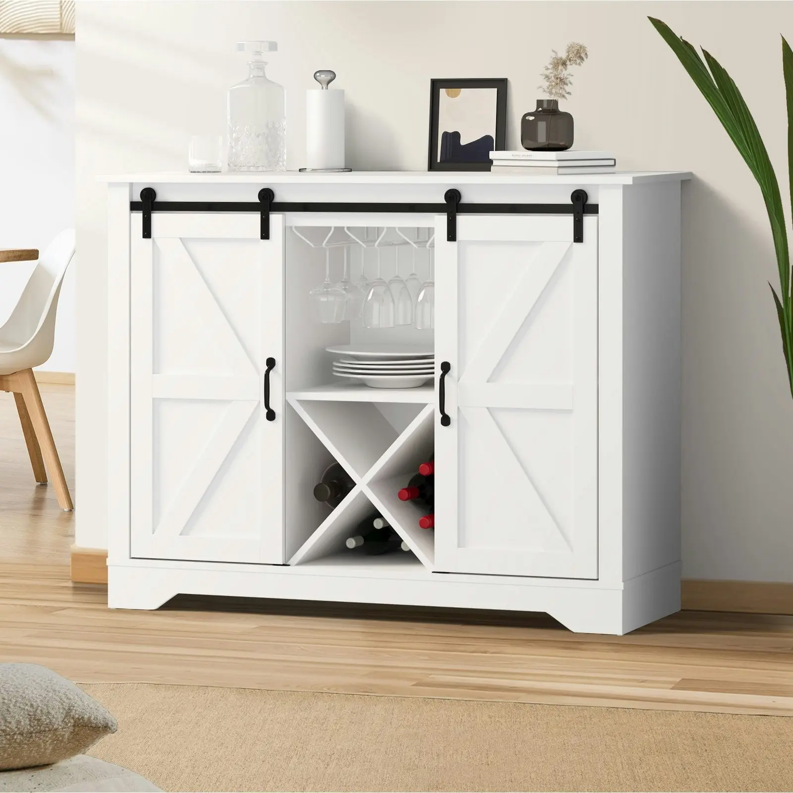 Oikiture Sideboard Buffet Storage Cabinet Wine Rack Sliding Door 5 Shelves White