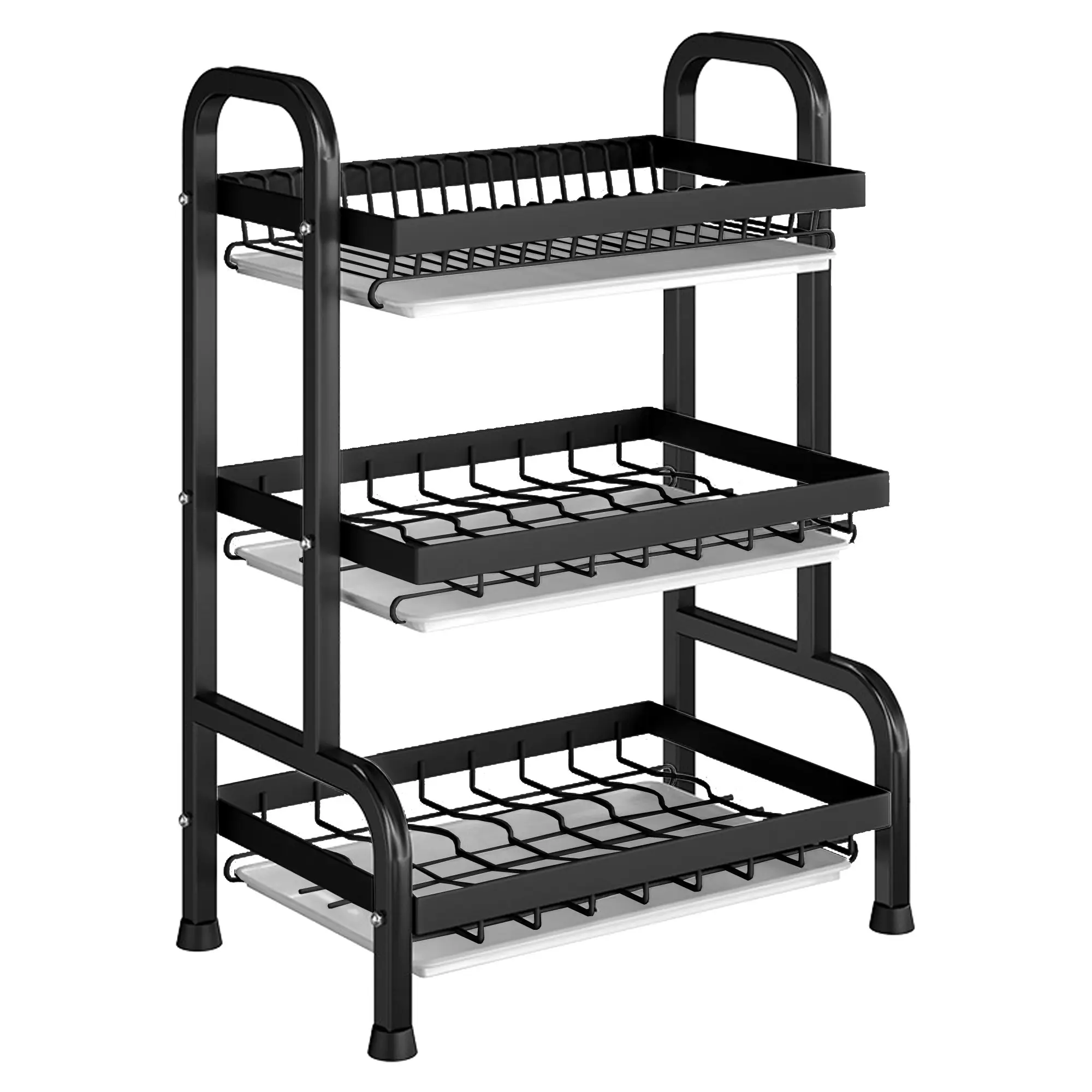 3 Tier Plate Rack Organizer Draining Storage Shelf Bowl Shelves with Water Drip Trays Black