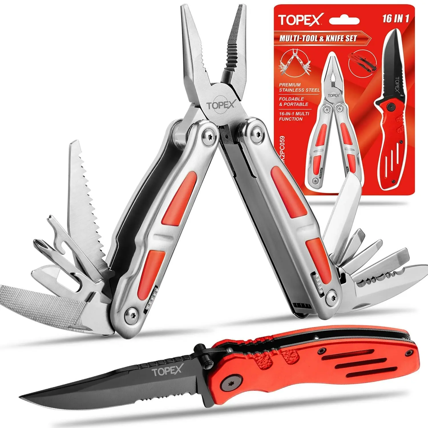 Topex 16-In-1 Multitool Plier, Multi Tool Pliers, Stainless Steel Plier with Safety Locking, Cutters, Knife, Screwdrivers, Wood Saw, Can Bottle Opener