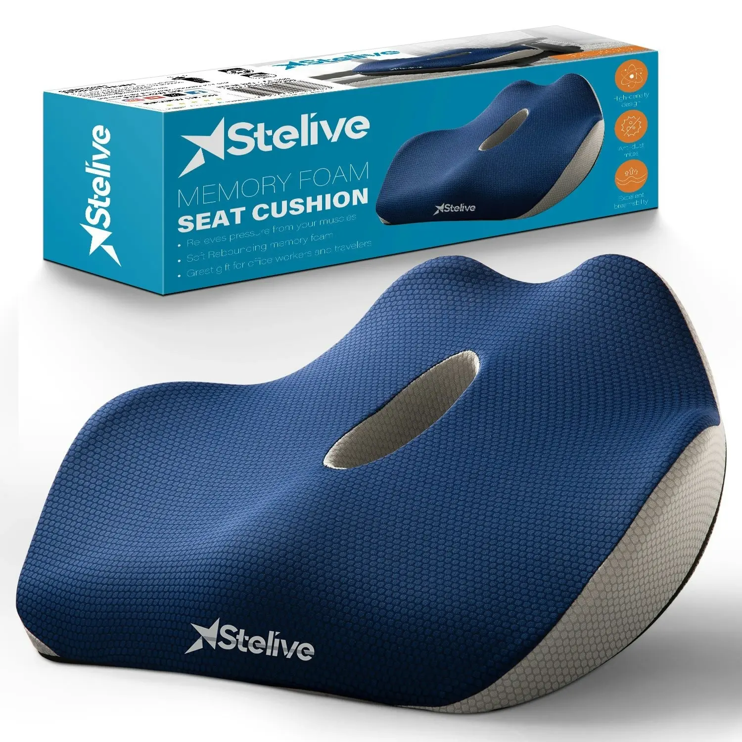 Stelive Memory Foam Seat Cushion Butt Support Pillow Office Chair Car Seat Cushion Coccyx Cushion Coccyx Pillow for Pain Relief (Blue, Grey)