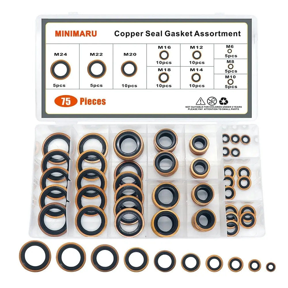 Automotive Copper Self-Centered Bonded Seal Gasket Assortment Kit 10 Sizes75 PCS