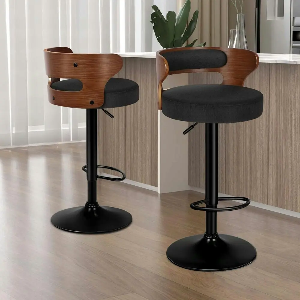 Alfordson 2x Bar Stool Kitchen Swivel Chair Wooden Linen Fabric Reno Black