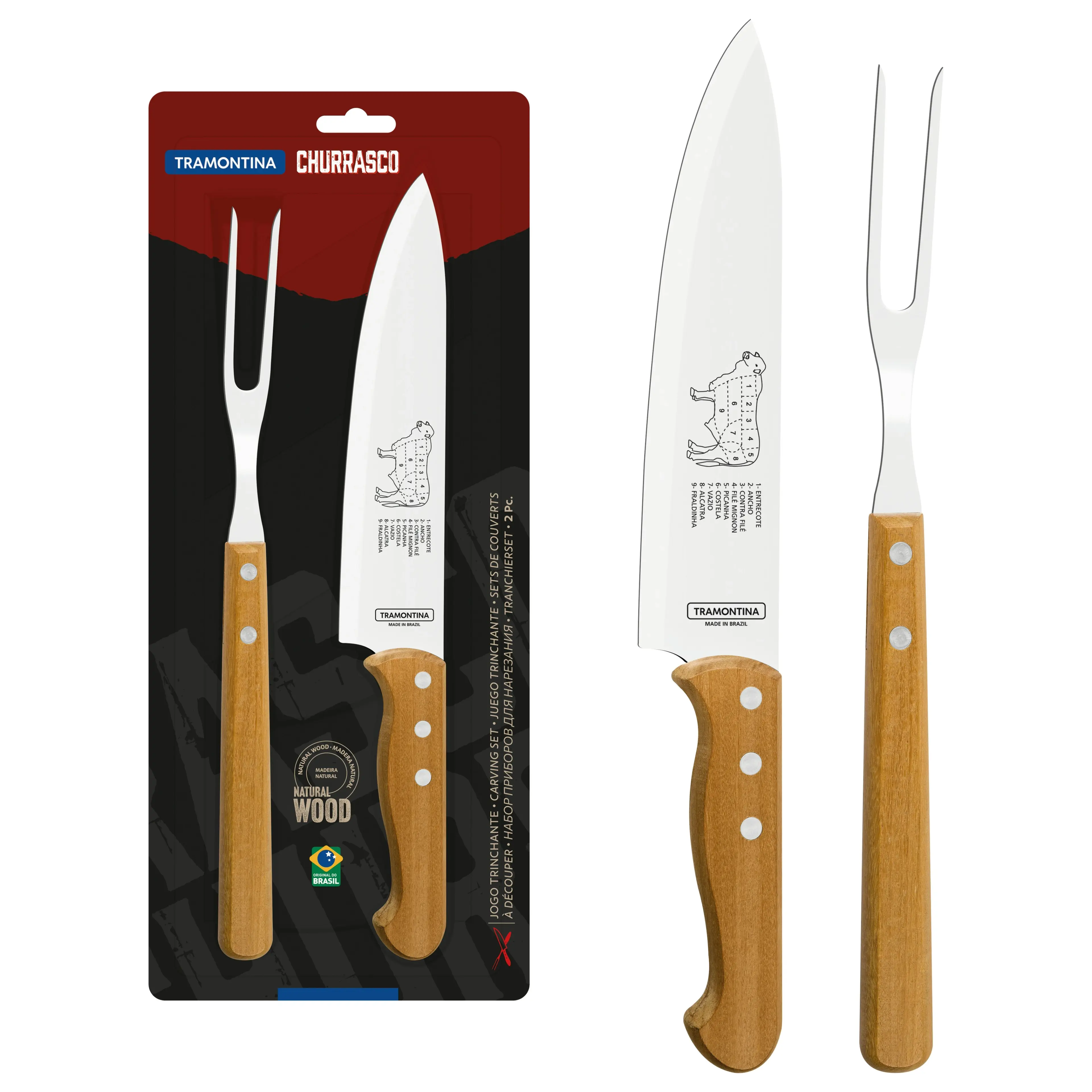 Tramontina 2-Piece Carving Set with Stainless-Steel Blades and Natural Wood Handles