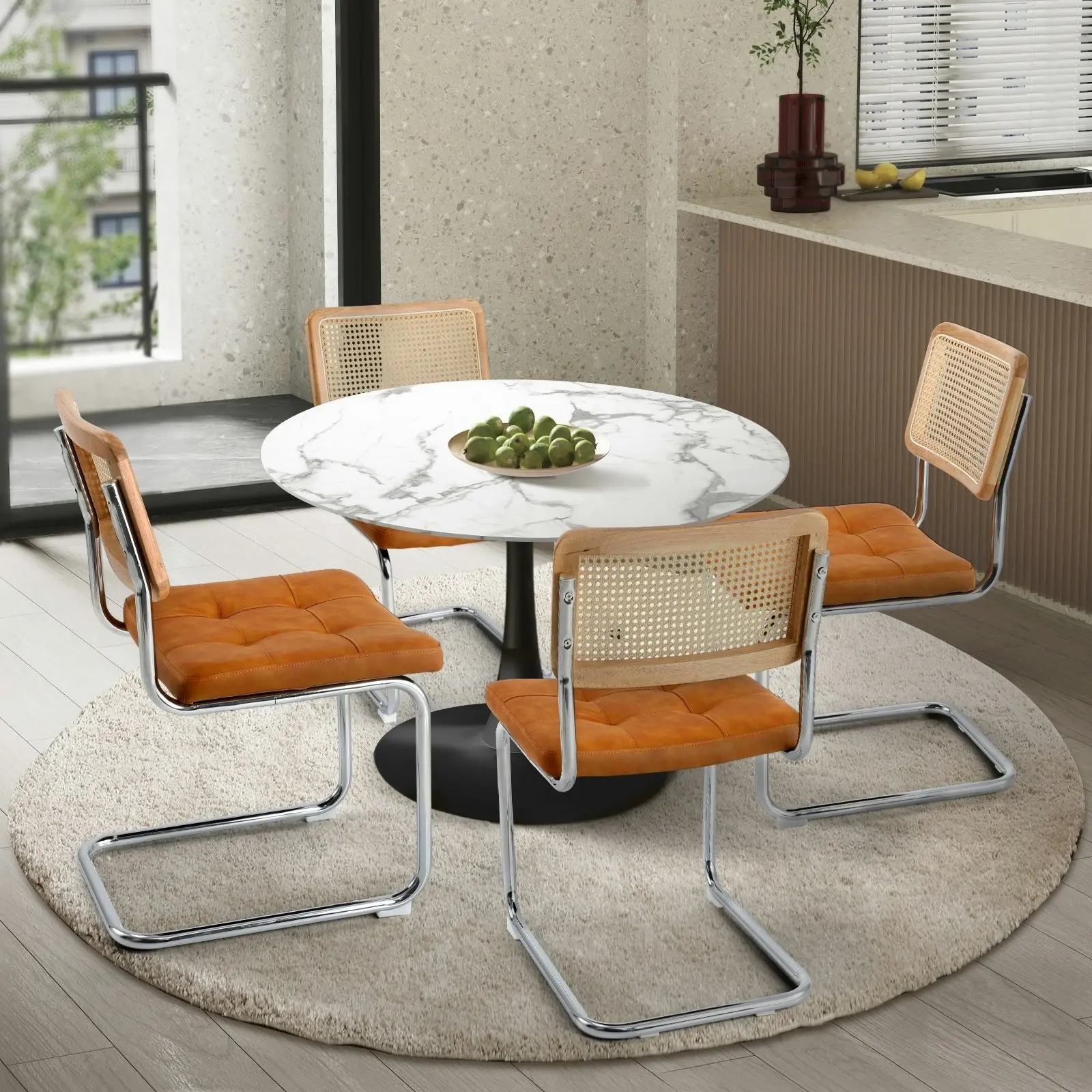 Oikiture 90cm Round Dining Table with 4PCS Dining Chairs PU Leather Brown