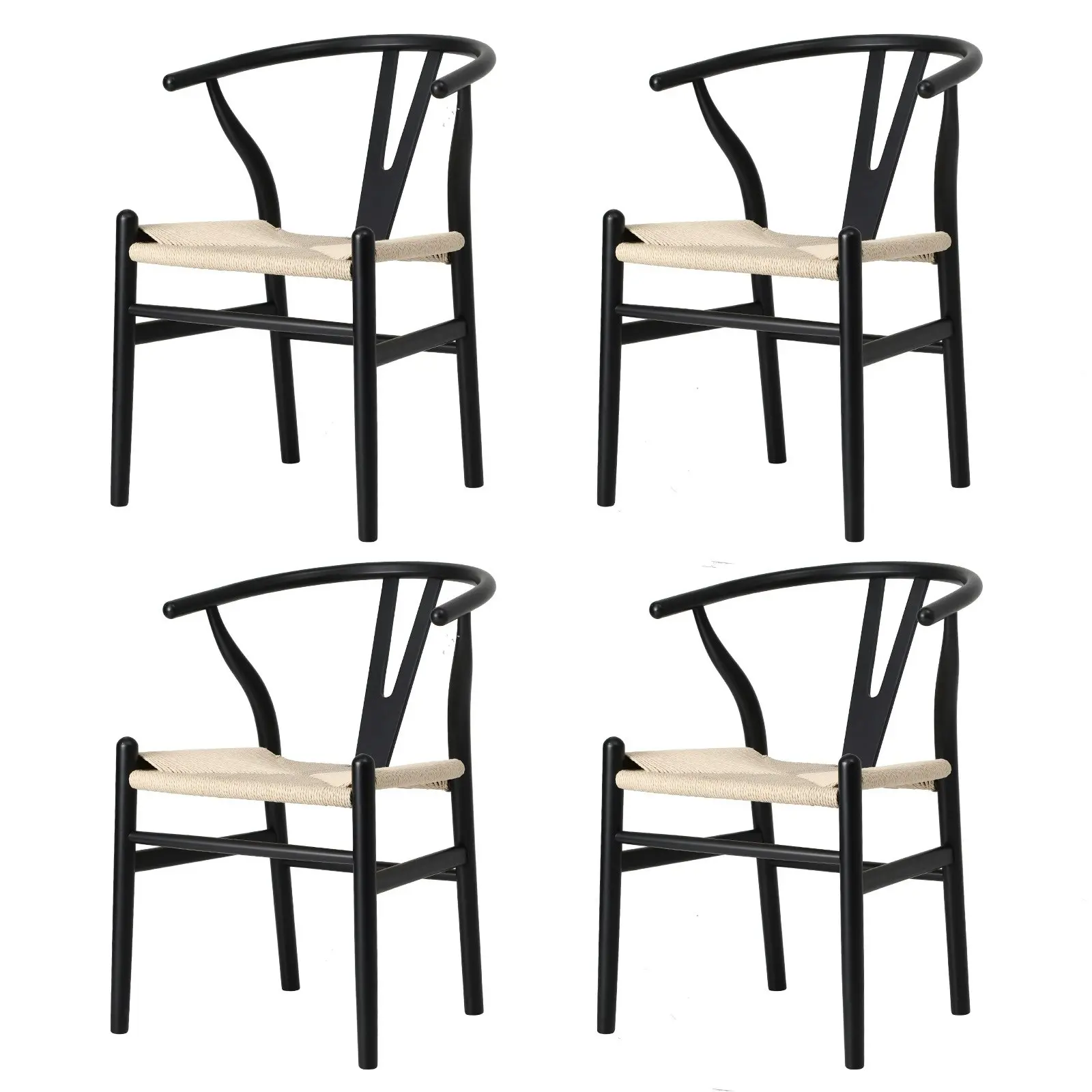 Oikiture 4xDining Chair Wooden Hans Wegner Chair Wishbone Cafe Lounge Seat Black