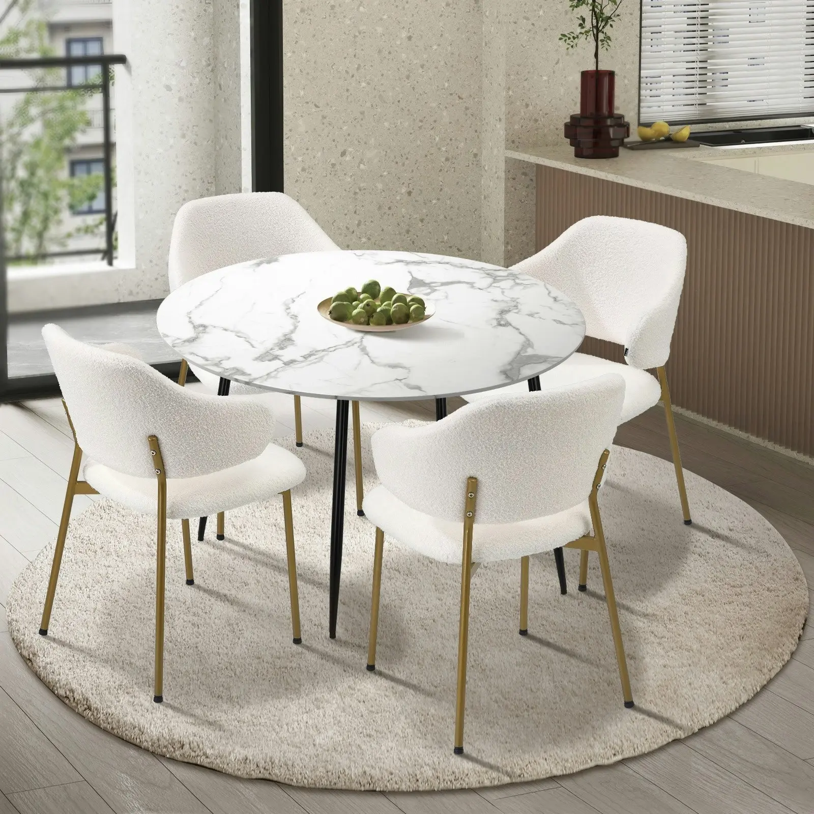 Oikiture 110cm Round Dining Table with 4PCS Dining Chairs Accent Sherpa Gold