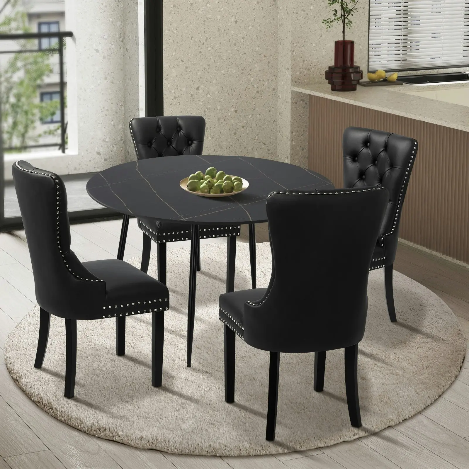 Oikiture 110cm Round Dining Table with 4PCS Dining Chairs Velvet Black