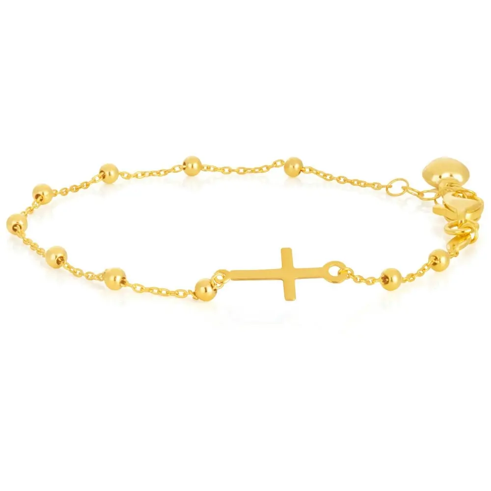 9ct Yellow Gold Filled 19cm Cross & Beads Bracelet