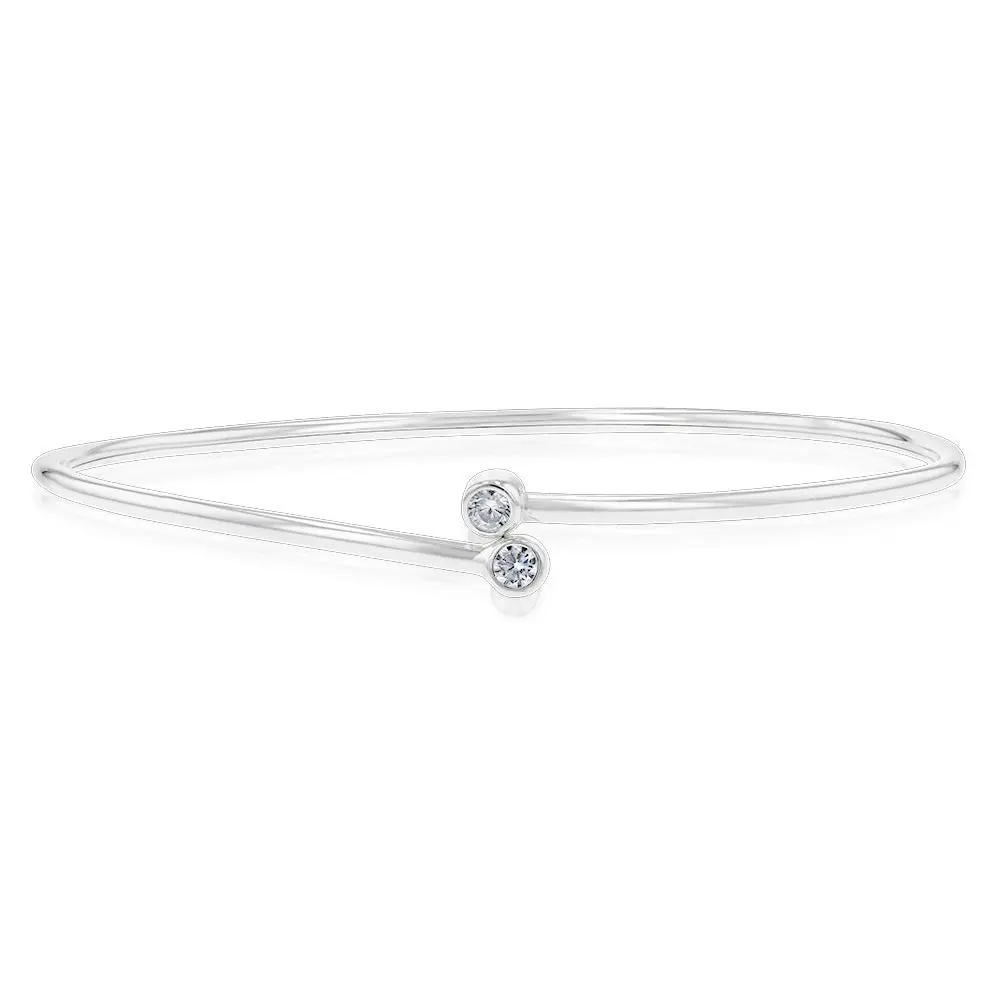 Sterling Silver Cubic Zirconia On Plain Adjustable Bangle