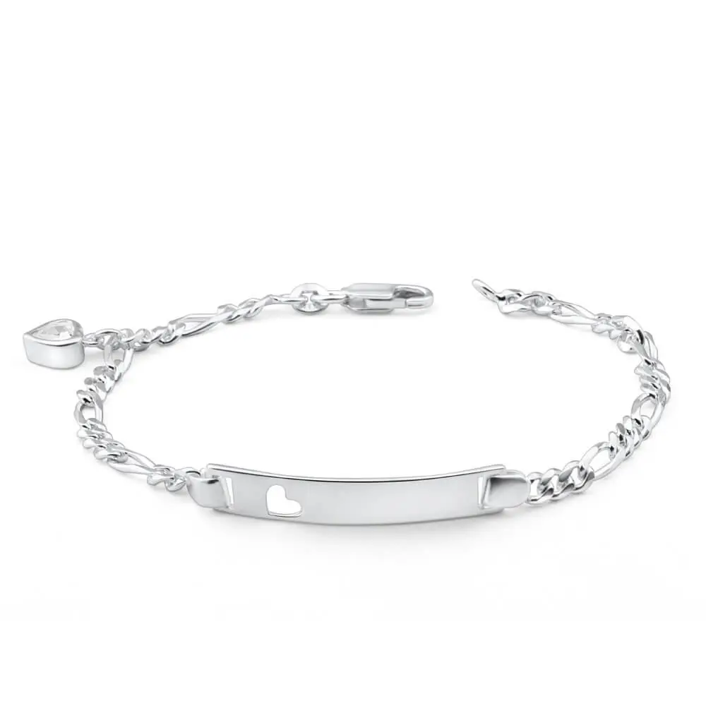 Sterling Silver 19cm Figaro 1-3 Open Heart ID Bracelet with Zirconia Heart Charm