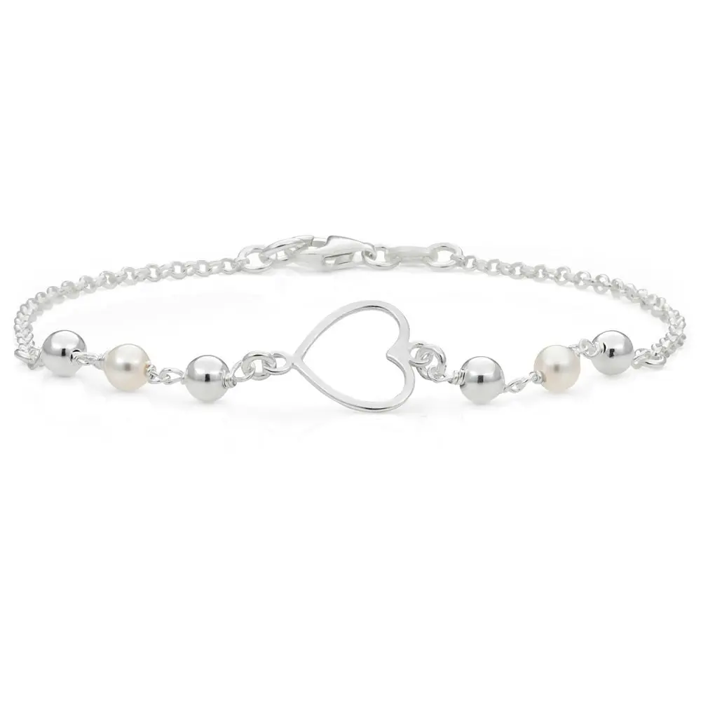 Sterling Silver Heart and Simulated Pearl Fancy Bracelet 19cm