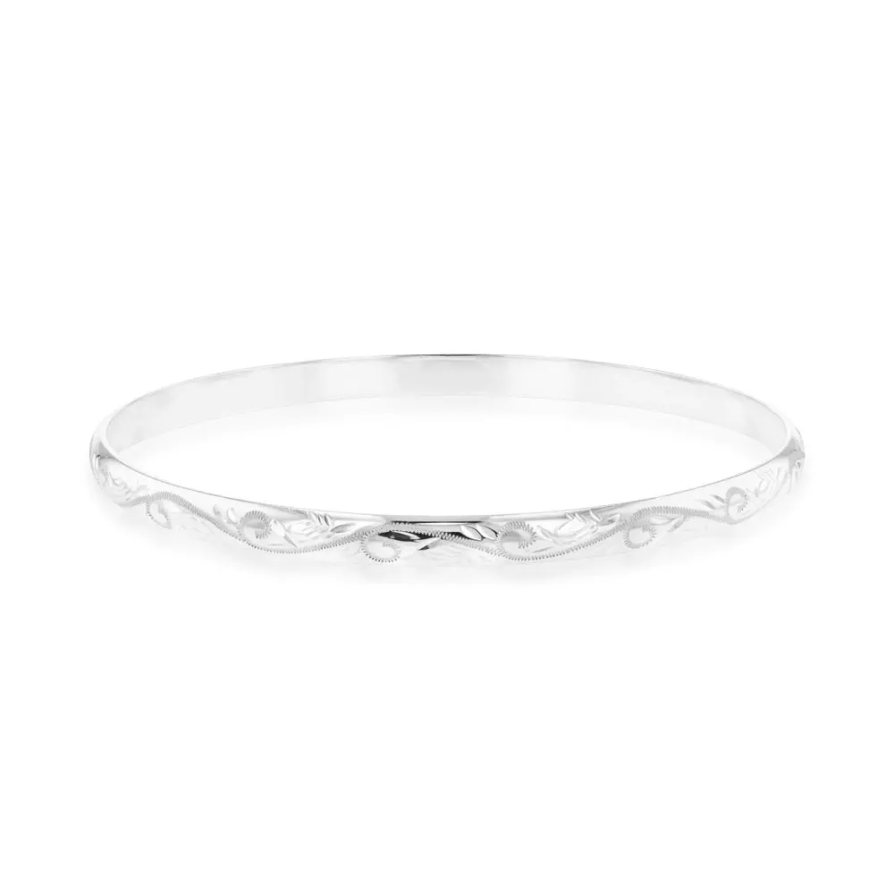 Sterling Silver 5mmx65mm Patterned Engraved Bangle